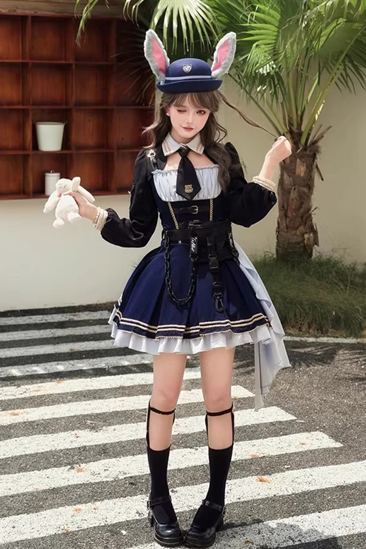 Blue [Rabbit Police Officer] Ruffled Bow Asymmetric College Style Handsome Lolita Jsk Dress