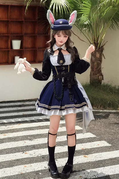 Blue [Rabbit Police Officer] Ruffled Bow Asymmetric College Style Handsome Lolita Jsk Dress