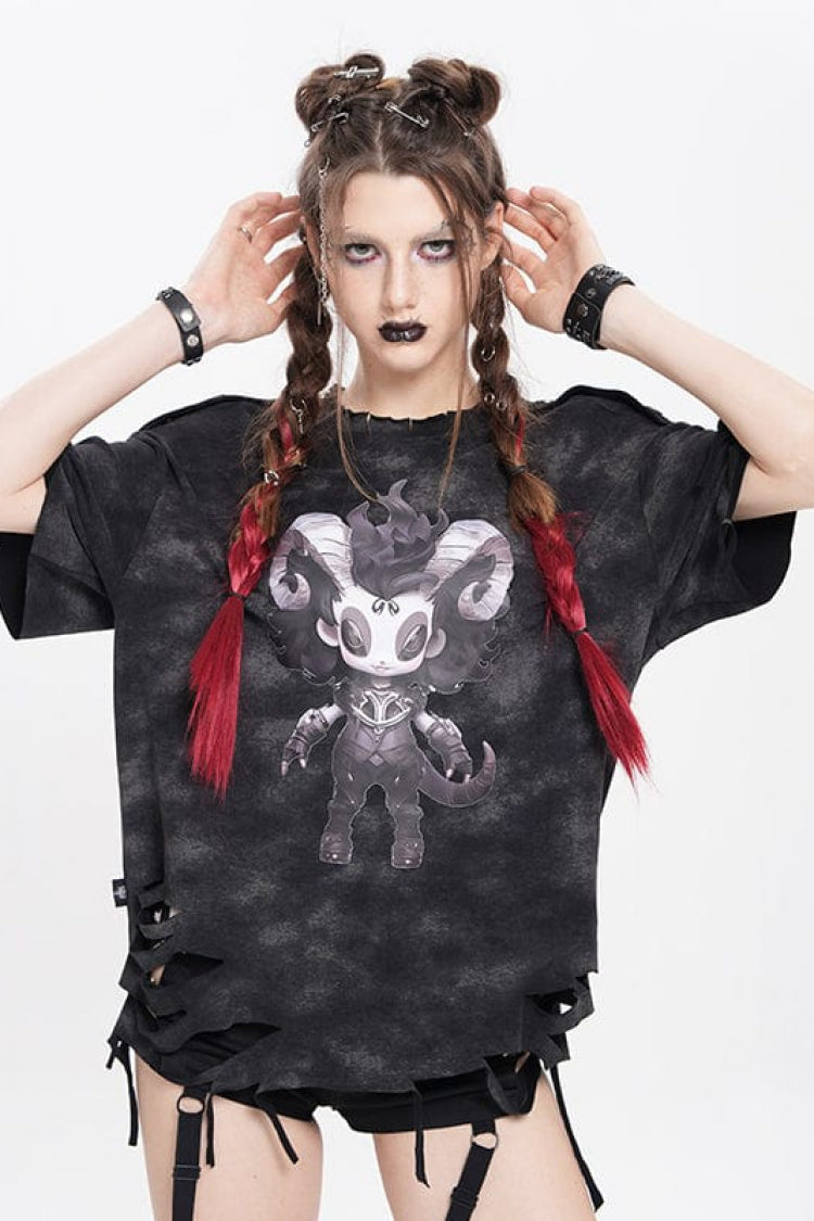 Black Short Sleeves Lilimar Print Ripped Women's Punk T-Shirt