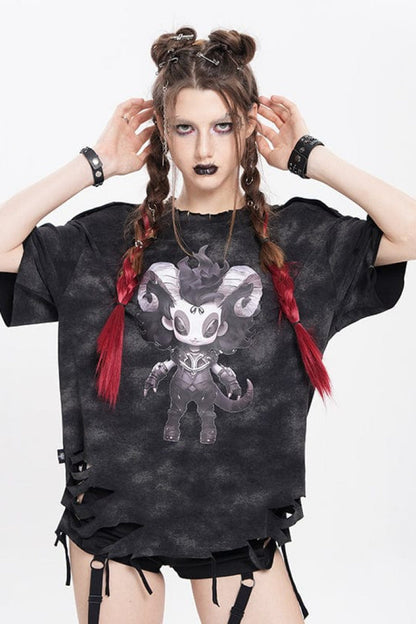 Black Short Sleeves Lilimar Print Ripped Women's Punk T-Shirt