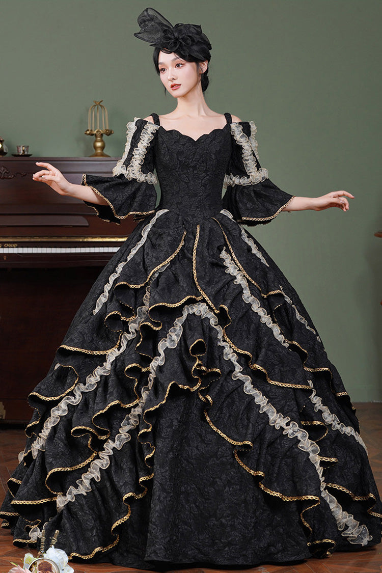 Black Square Collar Half Trumpet Sleeves Ruffled Open-Front Lace Gothic Vintage Palace Lolita Victorian Dress