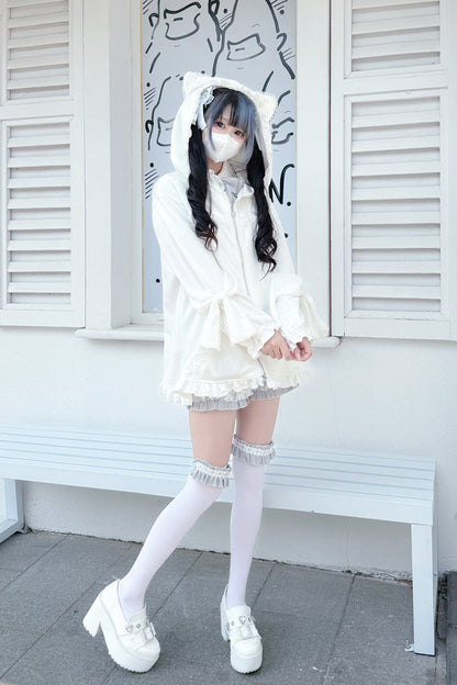 White Long Sleeves Cat Ears and Tail  Ruffle Bowknot Hooded Gothic Jirai Kei Coat