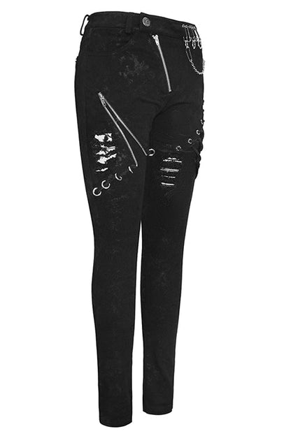 Black Punk Stretch Fitted Womens Pants With Zippper