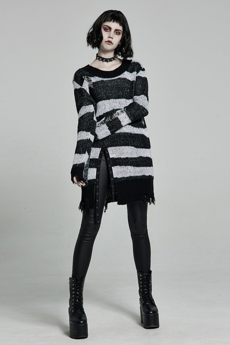 Striped Print Long Sleeves Mesh Ripped Women's Steampunk Knitted Sweater 2 Colors