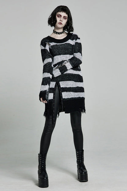 Striped Print Long Sleeves Mesh Ripped Women's Steampunk Knitted Sweater 2 Colors