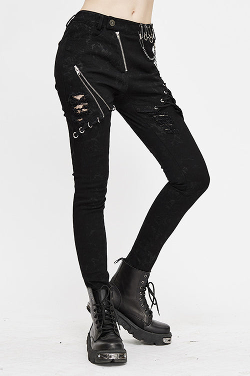 Black Punk Stretch Fitted Womens Pants With Zippper