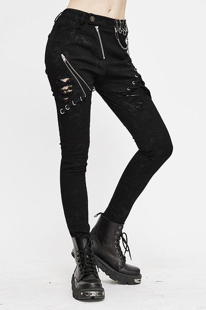 Black Punk Stretch Fitted Womens Pants With Zippper