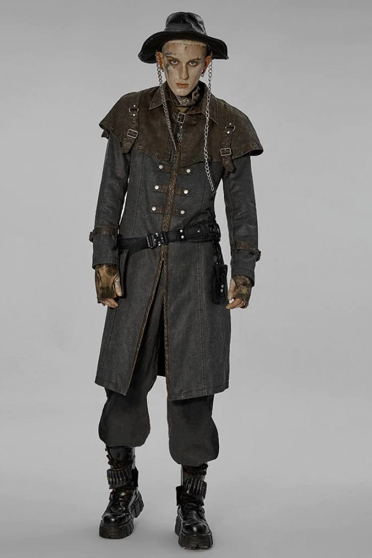 Grey Stand Collar Fake Two Piece Cloak Stitching Metal Buckle Mens Steampunk Coat