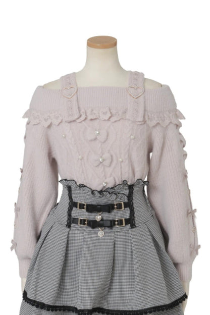 [Fluffy Heart] Boat Neck Long Sleeves Bow Jirai Kei Elegant Knitwear