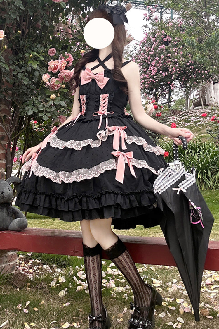 Black [Miss Pearl] Sleeveless Double-Layered Bowknot Lace Lace-Up Sweet Lolita Jsk Dress
