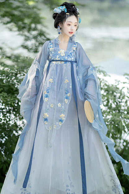 Blue [Princess Of The Sea] Hime Sleeves High Waisted Embroidered Women's Sweet Hanfu Dress Set