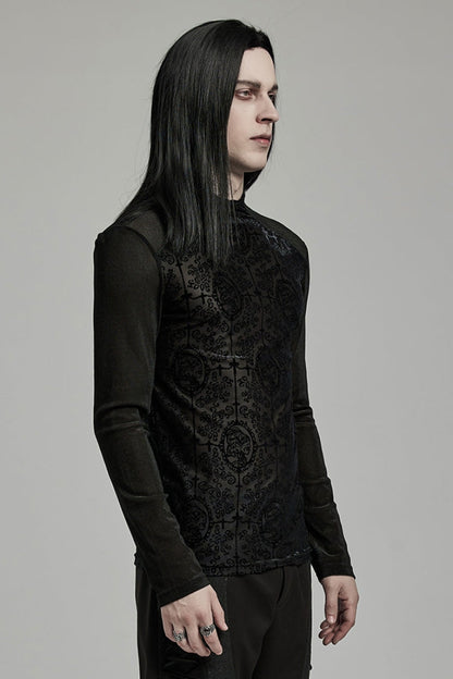 Black Stand Collar Long Sleeves Embroidery Cross Flocking Men's Gothic Blouse