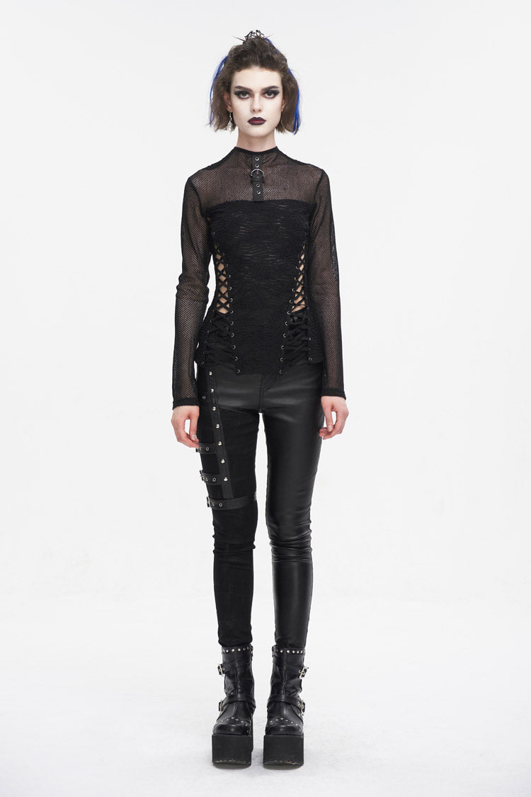 Black Strappy Mesh Splice Ruched Women's Punk Shirt