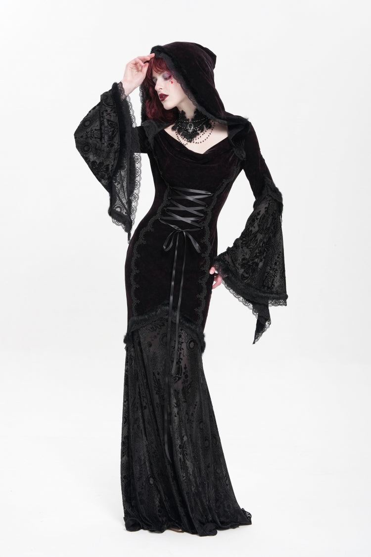 Black/Red Long Trumpet Sleeves Embroidery Stitching Lace Hooded Mesh Women's Gothic Dress