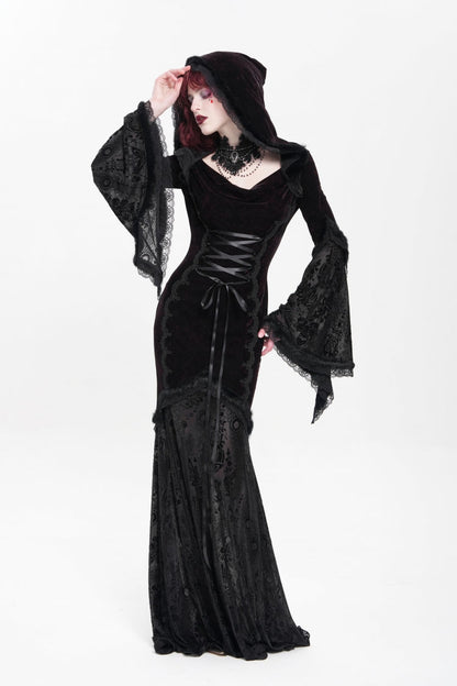 Black/Red Long Trumpet Sleeves Embroidery Stitching Lace Hooded Mesh Women's Gothic Dress