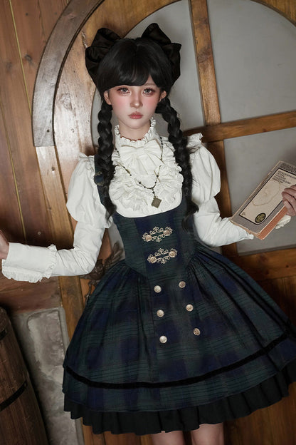 Blue/Green [Berlin's letter] Double-Layered Plaid Print Ruffle Bowknot Classic College Style Lolita Strap Dress Set 2 Versions