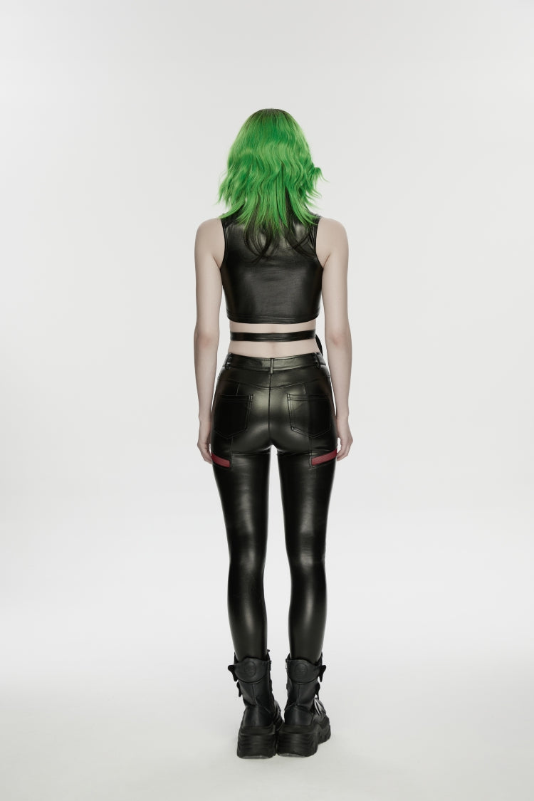 Black/Red Cut-Out Spliced Eyelet Mesh Women's Punk Leggings