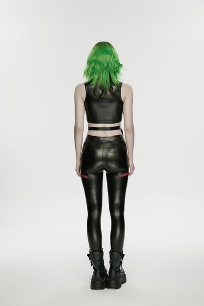 Black/Red Cut-Out Spliced Eyelet Mesh Women's Punk Leggings