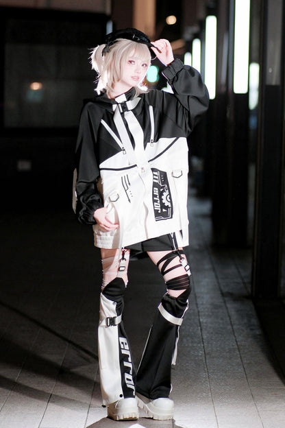 Black/White [Zero-Type Transformation] Techwear Long Sleeves Embroidered Hooded Punk Jirai Kei Shorts Coat Set