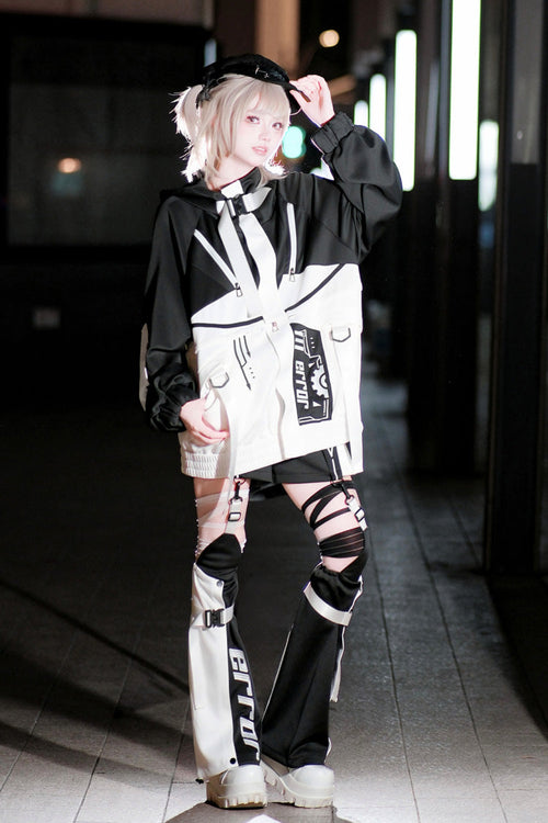 Black/White [Zero-Type Transformation] Techwear Long Sleeves Embroidered Hooded Punk Jirai Kei Shorts Coat Set