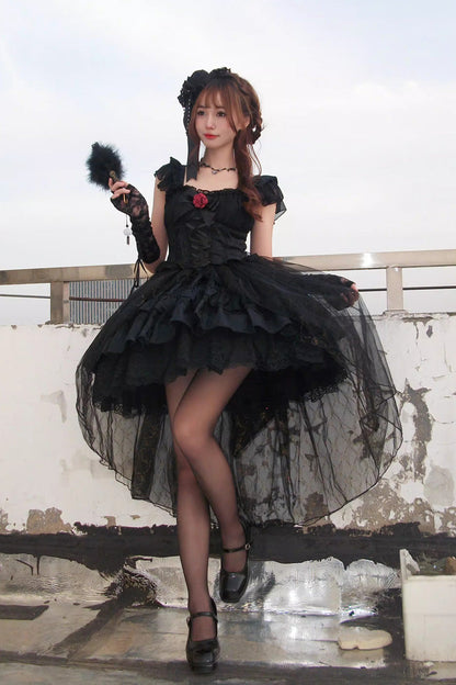 Black Short Sleeves Ruffle Rose Bowknot Elegant Princess Gothic Lolita Tiered Dress