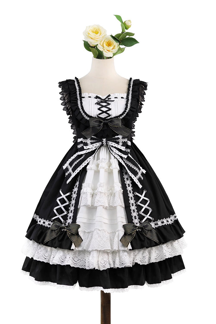 Black/White [Tina's Gift] Sleeveless Multi-Layered Ruffle Cardigan Bowknot Lace Sweet Lolita Jsk Dress