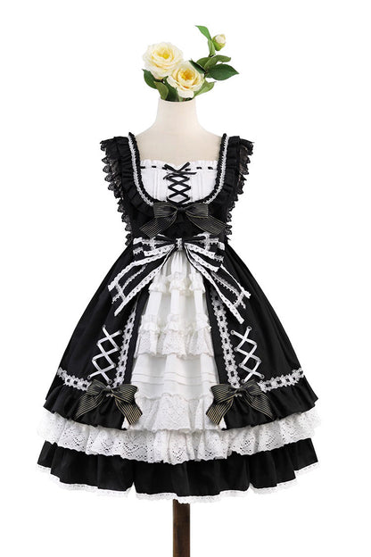Black/White [Tina's Gift] Sleeveless Multi-Layered Ruffle Cardigan Bowknot Lace Sweet Lolita Jsk Dress