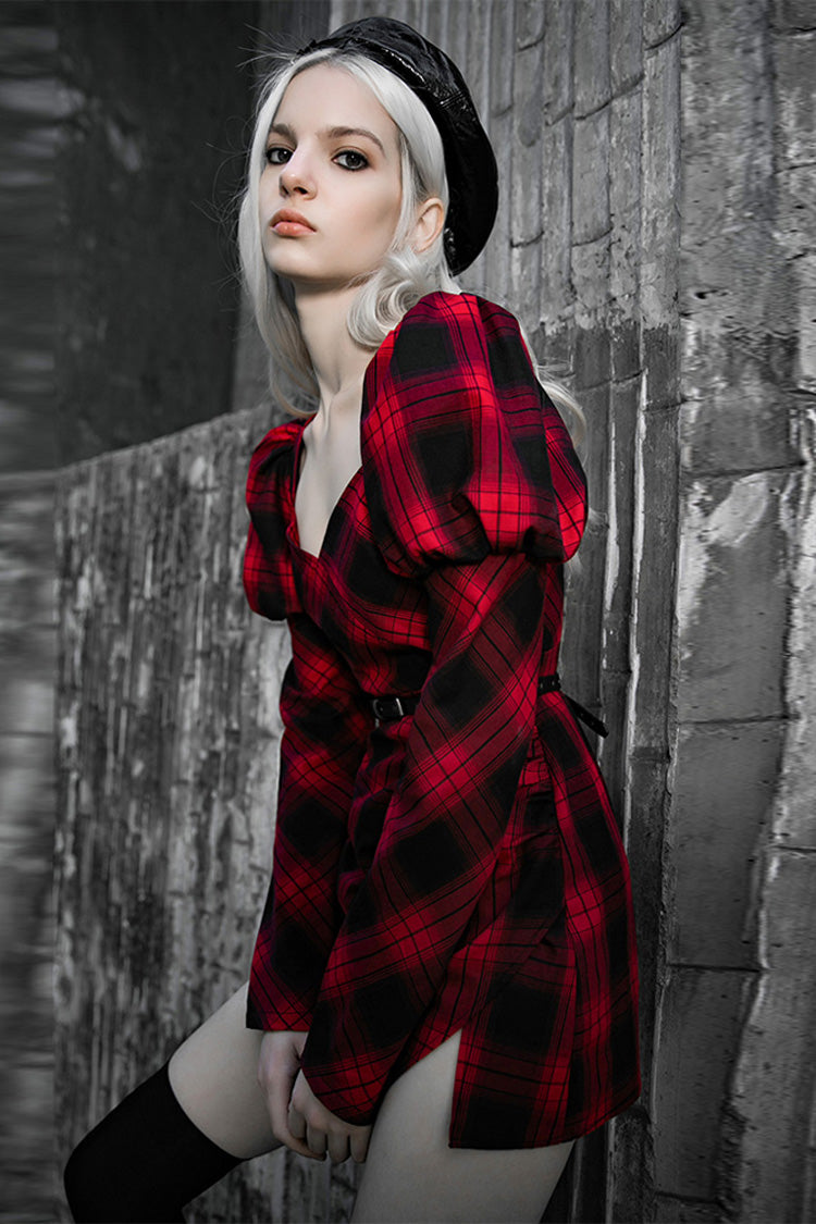 Black/Red Lattice High Waist Long Sleeve Women's Steam Punk Belted Dress