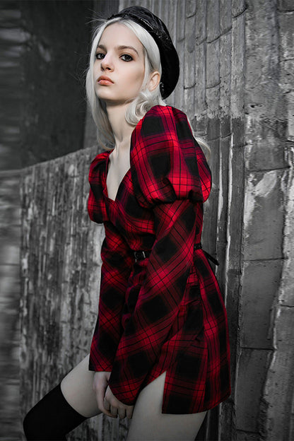 Black/Red Lattice High Waist Long Sleeve Women's Steam Punk Belted Dress