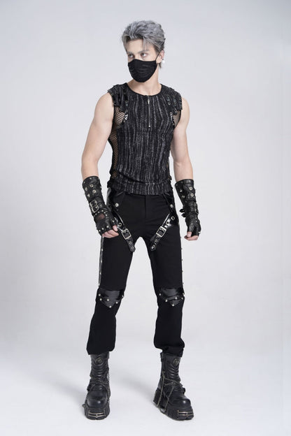 Black Sleeveless Ribbed Print Stitching Mesh Zipper Men's Gothic Vest