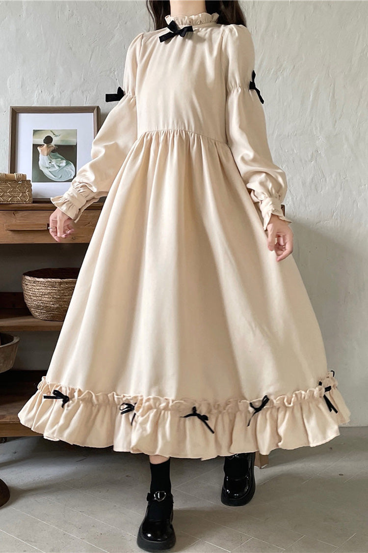 Black/Apricot Japanese Long Puff Sleeves Ruffle Bowknot Sweet Lolita Dress 2 Colors
