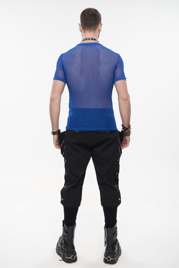 Blue Crew Neck Diamond-Shaped Net Short Sleeve Men's Gothic T-Shirt
