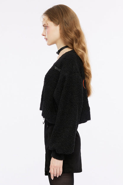 Black Wool Textured V Collar Long Sleeves Women's Gothic T-Shirt