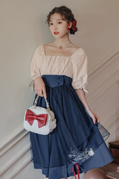 Blue Square Collar Bubble Short Sleeves High Waisted <Runaway Snow White> Sweet Lolita OP Dress