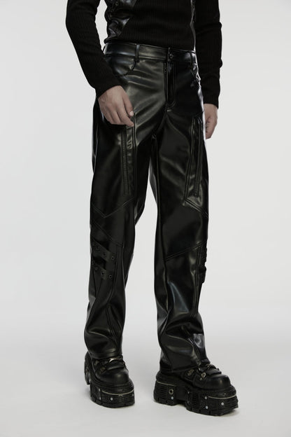 Black Zippered Eyelet Men's Punk Faux Leather Pants
