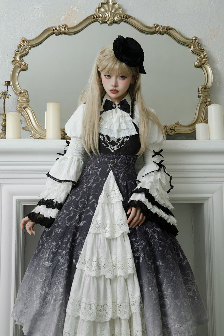 Black/White Print Bone Magic Ruffle Cardigan Lace Classic Gothic Princess Lolita Jsk Dress