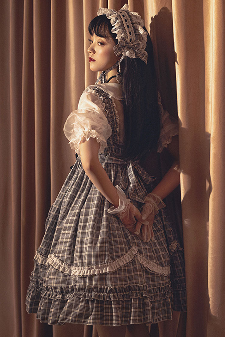 Black/White High Waist Bowknot Ruffled Plaid Sweet Lolita JSK Dress