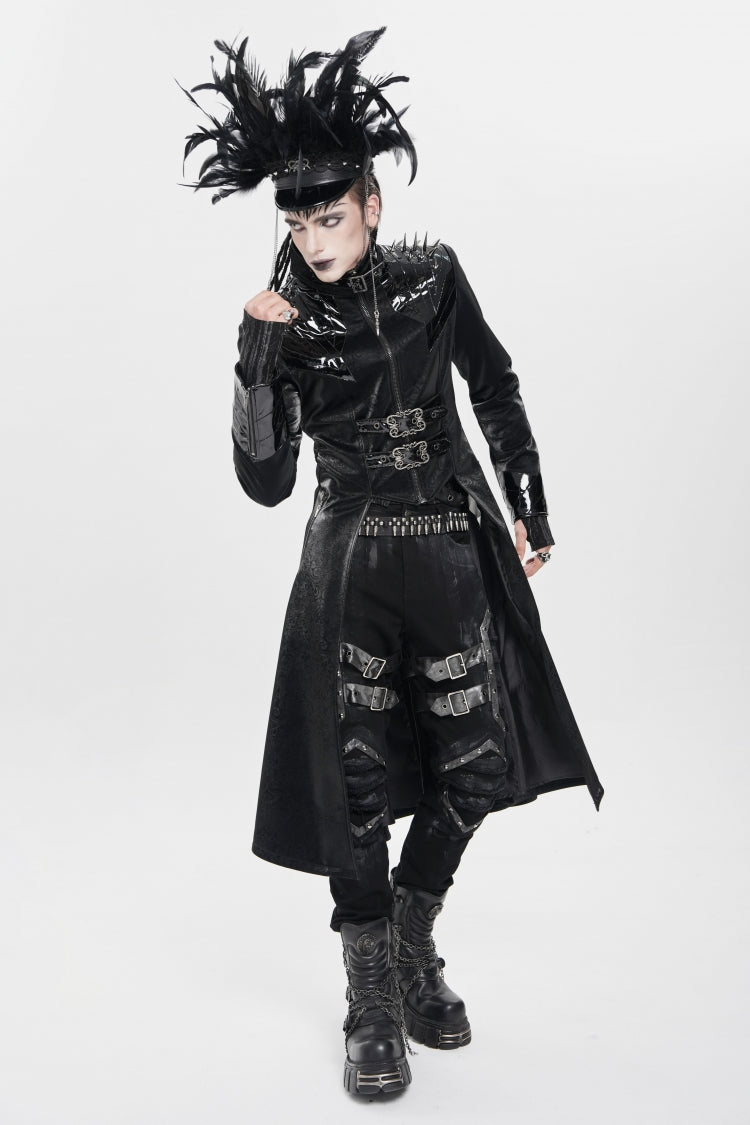 Black Stand Collar Floral Print Rivet Buckle Zipper Straps Men's Punk Coat