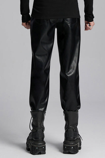 Black Print Men's Punk Leather Pants