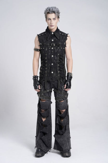 Black Sleeveless Studded Lace-Up Men's Gothic Distressed Vest