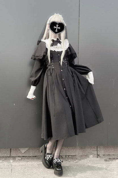 Black/White [Silent Prayer] Long Sleeves Ruffled Bow Lace-Up Gothic Jirai Kei Long Dress