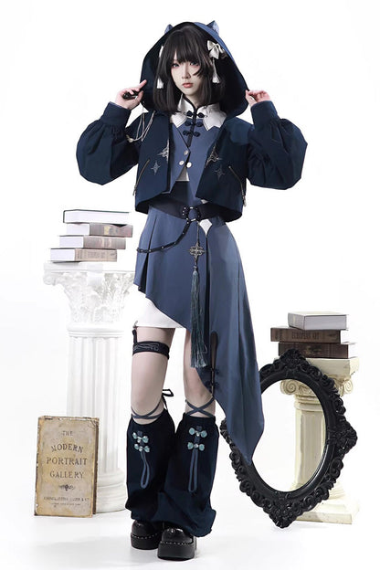 Blue [Indigo Shadow Journey] Stand Collar Long Sleeves Embroidered Hooded Asymmetric Punk Ouji Lolita Dress Four-Piece Set
