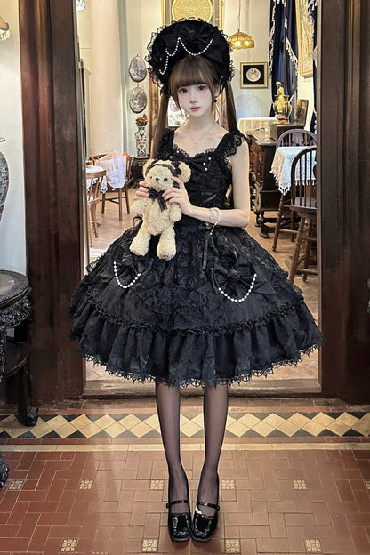 Black [Rose Princess] Sleeveless Ruffle Bowknot Lace Lace-Up Gothic Ballet Lolita Jsk Dress