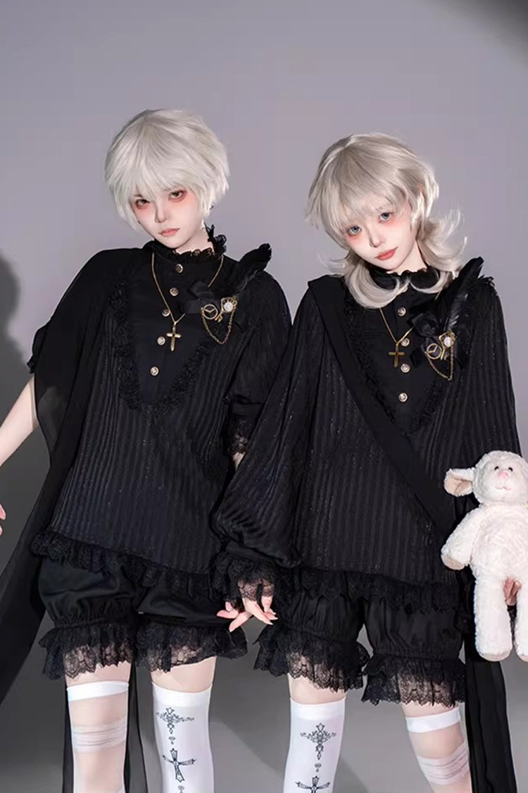 Black Stand Collar Long Short Sleeves Printed Ruffled Lace Gothic Ouji Lolita Set 2 Versions