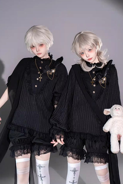 Black Stand Collar Long Short Sleeves Printed Ruffled Lace Gothic Ouji Lolita Set 2 Versions