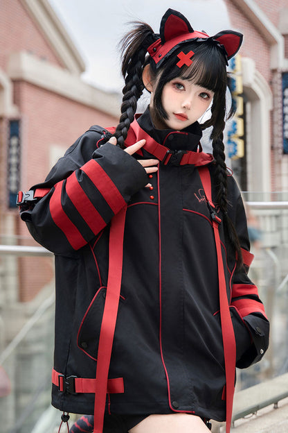 Black/Red Long Sleeves Print Cat Ears Hooded Jirai Kei Handsome Coat