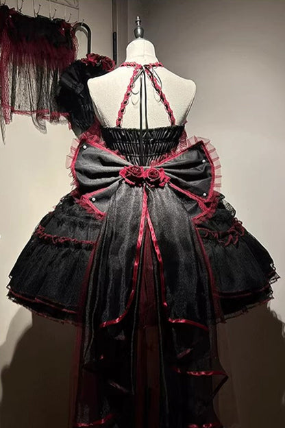 Black/Red [Layered Poem] Halterneck Sleeveless Multi-Layered Jacquard Hanayome Bow Lace Gothic Lolita Dress