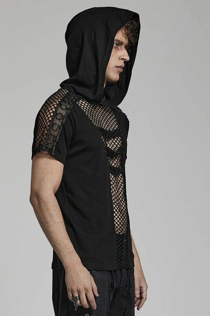 Black Short Sleeves Hollow Stitching Hooded Mesh Mens Steampunk T-Shirt
