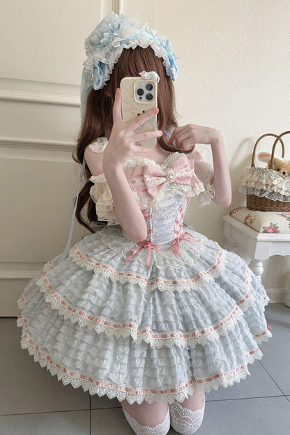 Blue [Song of Floral Letters] Sleeveless Triple-Layered Bowknot Lace-Up Sweet Lolita Jsk Dress