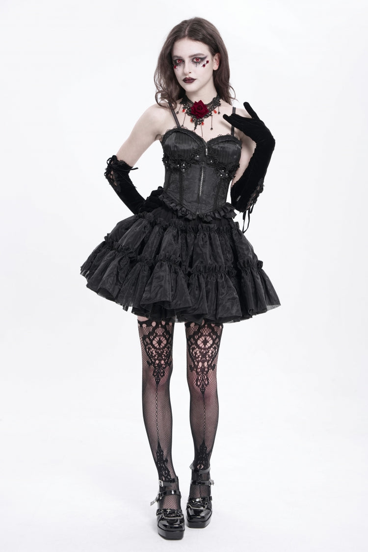 Black Sleeveless Ruffle Embroidery Lace-Up Women's Gothic Tank Top